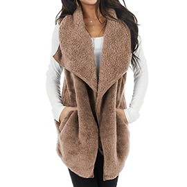 ReachMe Womens Sleeveless Sherpa Vest with Pockets Lapel Open Front Fleece Fuzzy Vest Faux Fur Cardigan Vest(04 Khaki,S)