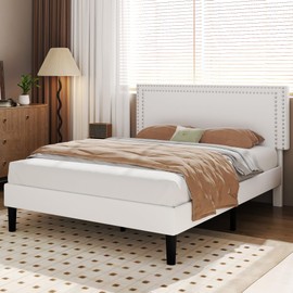 VECELO Full Size Bed Frame with Adjustable Upholstered Headboard, Wooden Slats Platform, Noise-Free Design, Easy Assembly