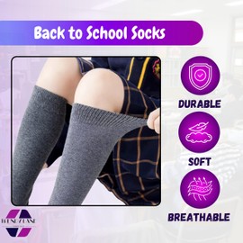 Trendy Lane 3 Pairs Kids Knee High Socks – Soft & Breathable Cotton, Perfect for School Uniforms (Grey, 6-8)
