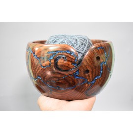 Premium Wooden Yarn Bowl Large Yarn Storage Holder - Rosewood Yarn Storage Crochet Bowl for Crocheting - Yarn Bowl for Knitting Accessories(Resin Fractal Burnt,Blue Resin - 7" x 4")