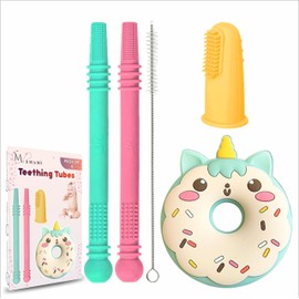 M. Emami Baby Teether Toy - 4 pack with 2 Hollow Teething tubes, 1 donut teether, 1 Cleaning Brush & Toothbrush - 100% Food Grade, BPA Free, and Dishwasher Safe - for 6-18 Month Babies
