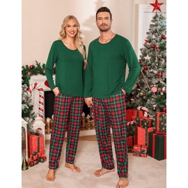 SWOMOG Men & Women Pajama Sets for Couples Long Sleeve Sleepwear Plaid Pants Loungewear Set with Pockets Men Z - Deep Green - Solid Top X-Large