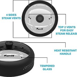 Microwave Cover for Food, Silicone and Glass Splatter Guard Lid for 6–7–8–9-10-11-12 inch Plates & Bowls. By EZY ACTIVE.