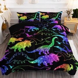 BailiPromise Rainbow Dinosaur Comforter Set for Girls Boys Colorful Dino Kids Bedding Cartoon Dinosaur with Shiny Glitter Bedding Set Twin Bedroom Decor (1 Comforterr + 2 Pillowcases) Lightweight