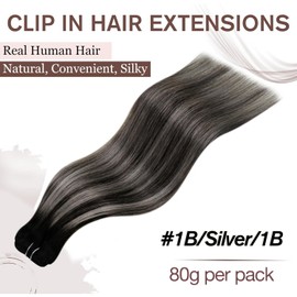 Hetto Clip-In Real Hair Extensions, Black, Balayage Black to Silver, Straight, Remy, Full Head, Natural, Invisible Hair Extensions, 5 Pieces, 80 g, 30 cm, #1b/s/1b