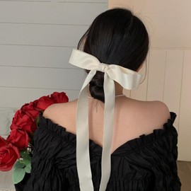 Yheakne Vintage Black Bow Hair Clip Barrette Long Tail Black Bow Hair Clip Barrette Bowknot Barrettes Silky Ribbon Barrettes Silky Hairclip Headwear Jewelry for Women (White)