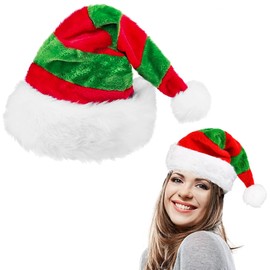 Christmas Hats, Santa Hat, Father Christmas Hat, Plush Santa Claus Hat, Xmas Hat Holiday, Xmas Party Novelty Stripe Red & Green Hat for Xmas Office Party Santa Hat Costume Decorations