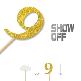 MonMon & Craft On Cloud 9 Cupcake Toppers/Girls Boys 9th Birthday Cupcake Toppers/Nine Years Old/Kids Birthday Party Decorations/Gold White Glitter - 24 Pcs