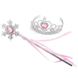 Kuzhi Juego de tiara y varita de princesa Elsa, joya de corazón plateado, Rosa claro, varita de copo de nieve, Medium