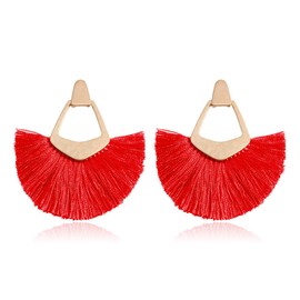 Bohemian Silky Thread Tassel Statement Drop Earrings - Geometric Strand Fringe Diamond Fan, Triangle Duster Dangles (Pentagon Fan Tassel - Red)