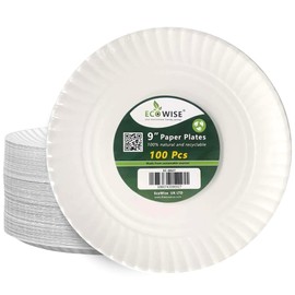EcoWise 23cm Large Disposable Paper Plates - Pack of 100 Ecofriendly Biodegradable Paper Plates, Birthday Party Plates Ideal for Christmas Party, Picnic BBQ Work Disposable Plates for HOT Cold Food