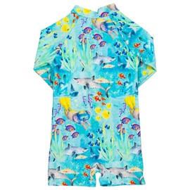 Cheeky Chickadee Unisex Long Sleeve Zip Swimmers UPF50+ | Hand-Painted Great Barrier Reef Print | Baby & Kids Swimwear | Australian Brand | Size 6-12M Blue