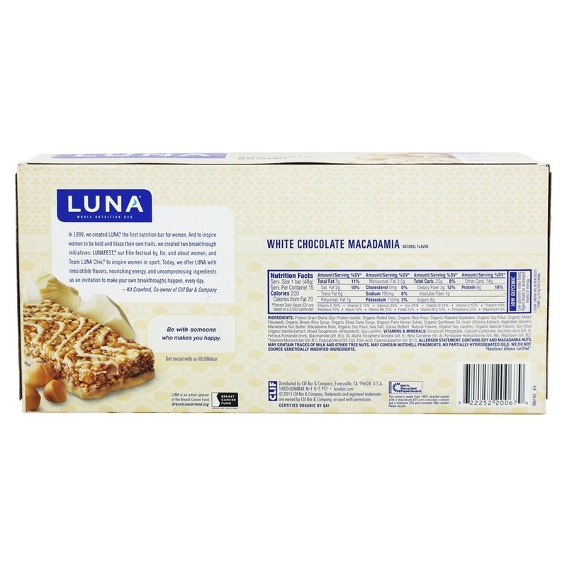 Clif, Bar Luna White Chocolate Macadamia, 1.69 Ounce, 15 Pack