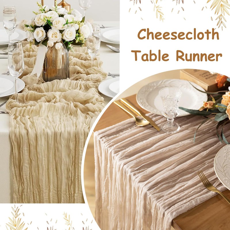 Eviznbou Beige Table Runner 2 Pcs 90x300cm Rustic Gauze Fabric