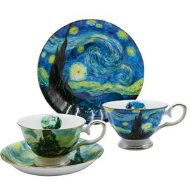 AOTELIDA Floral Tea Cups Saucers Set of 2, Bone China 7 oz British Teacups Porcelain Coffee Cup for Rose Tea Cappuccino Espresso Latte (Starry Sky & Starry Sky)