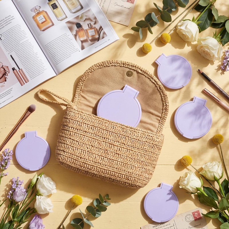 24 Pcs Compact Mirrors Bulk Light Purple, Round Folding Pocket