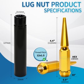 LUJIANI M12x1.5 Wheel Spike Lug Nuts Replacement for Toyota Camry Accord Polaris Chevy Lexus, 24PCS Gold 12 mm x 1.5 Spline Spiked Lug Nuts with 1 Socket Key，4.4" Tall 19mm Hex Lug Nuts