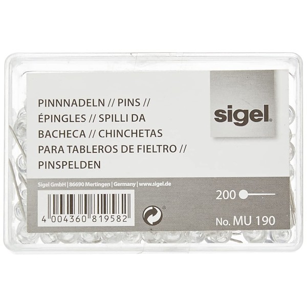 SIGEL MU190 Pinnnadeln, Kunststoffkopf, transparent, 200 Stück, mit großem transparenten