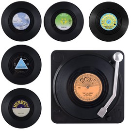 Wolfteeth Set of 6 Retro Vinyl Coasters with Table Stand, Retro Vinyl Record CD Round Drink Mat for Cold Ice Coffee Hot Drinks, 10X10X0.1cm/Black 500201