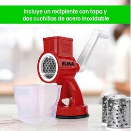 ELMA Manual Cheese Grater for Vegetables and Nuts with 2 Interchangeable Stainless Steel Blades and Food Container, Drum Grater Set, Faster and Easy Cutting, Red Colour