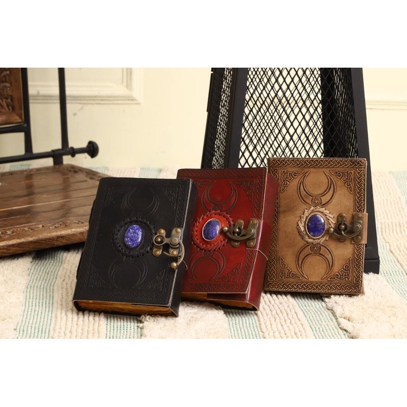 ALCRAFT Handmade Vintage Leather Journal with Semi Precious Stones Black