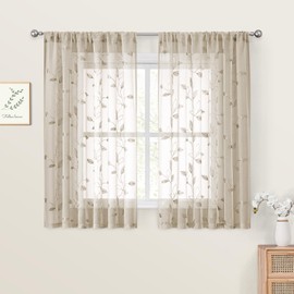 HOMEIDEAS - Cortinas de cocina traslúcidas de 132.08 x 114.3 cm de largo, 2 paneles beige con patrón de hojas bordadas, cortinas cortas para recámara, media pequeña ventana con bolsillos para barra