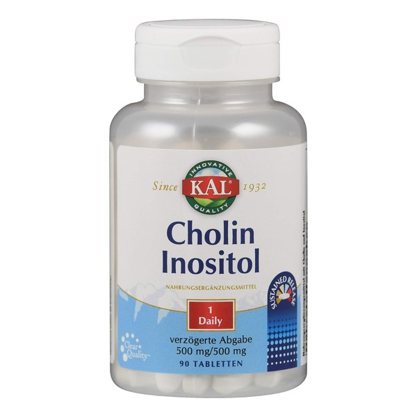KAL Choline & Inositol, 500/500 mg, 90 Tablets, Vegan, Gluten-Free, GMO Free, Laboratory Tested, Dietary Supplement with Choline & Inositol, Maintains Normal Liver Function