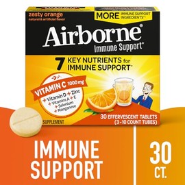 Airborne 1000mg Vitamin C + Zinc Sugar Free Multivitamin Immune Support Effervescent Fizzy Drink Tablets, Zesty Orange Flavor with Powerful Antioxidan