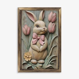 Rustic Long Wooden Framed Art " Carved Bunny Rabbit Tulips Flower Wood Decor " Farmhouse Style Wall Decor Sign for Tabletop Or Hanging - Durable Handcrafted Wood Print - Home & Office Decoration