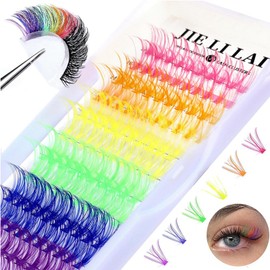 DONHUA Colored Lash Clusters Individual Lashes 120Pcs D Curl 14mm 16mm Mixed 6 Colors Rainbow DIY Eyelashes for Festivals Concert Dating Full of Volume Colored Lashes Extension Set Pack