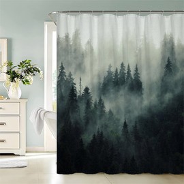 AASIRA Shower Curtain, 180 x 200 cm, Anti-Mould, Christmas Forest Motif, Waterproof Textile Shower Curtains, Retro Forest, Washable Polyester Bath Curtain for Bathtub, Bathroom with 12 Shower Curtain