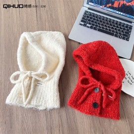 Kids' Balaclava Hat with Integrated Neck Warmer - Simple Mini Label Design - Autumn/Winter LF2404 - Free Size for Older Children & Adults 52-56cm Beige 3ea