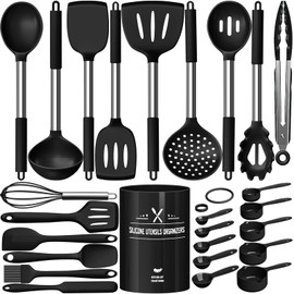 Silicone Kitchen Utensils Set, Umite Chef Large Heat Resistant Cooking Utensil, 26Pcs Silicone Spatulas Set, Stainless Steel Handle, Black Kitchen Gadgets Tools Set for Nonstick Cookware
