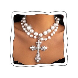 Uranian Pearl Cross Necklaces Layered Pearl Choker Necklace Gothic Big Cross Pendant Necklace Vintage Pearls Jewelry for Women