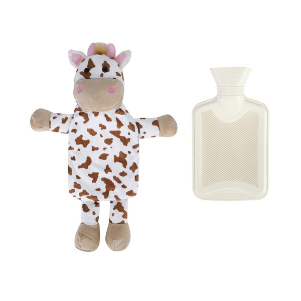 Mini Hot Water Bottle Warmer with Cute Cow Stuffed Animal Cover, Waist Neck Shoulder Rubber Hot and Cold Water Bag Winter Relaxing Portable Reusable Pain Relief Bottle