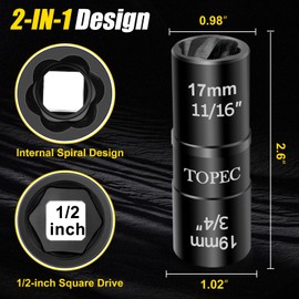Topec 17mm x 19mm Flip Lug Nut Extractor, 1/2" Drive Lug Nut Removal Tool, 2-IN-1 Wheel Lock Remover Socket | Extension Bar Not Included