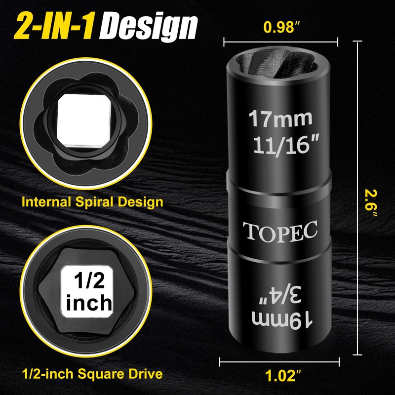 Topec 17mm x 19mm Flip Lug Nut Extractor, 1/2" Drive