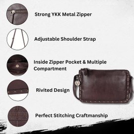 Genuine Italian Leather Boho Studded Crossbody Shoulder Bag - Stylish, Durable, & Perfect for Everyday Use for women, Brown, Medium