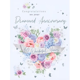 Noel Tatt Diamond Wedding Anniversary Card | 60 Wonderful Years | Floral Heart Design | For a Couple/Both of You | Eco-Friendly & Recyclable