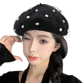 Wool Beret Hat for Women French Style Beret Hat Pearl Veil Beret Hat Warm French Hats Cap for Women Beanie Winter Hat Solid Color Classic Retro Beret Autumn Beret Vintage Artist Hat Soft Beanie Cap