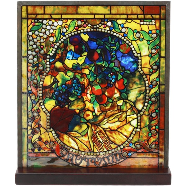 Ebros Louis Comfort Tiffany Four Seasons Collection Autumn Fall Season Stained Glass Art with Base Decor for Home and Office Decorative Cathedral Mosaic Style Glass (Fall)