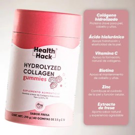 Colágeno Hidrolizado en Gomitas, 1910 mg con 5 Tipos de Colágeno I, II, III, V y X, Ácido Hialurónico, Vitamina C, Zinc y Biotina, Sabor Fresa, Sin Az
