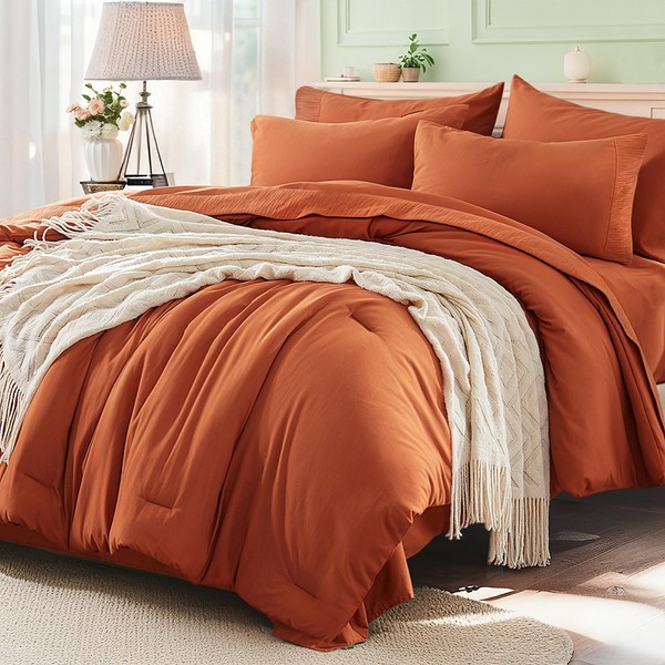 Anluoer Burnt Orange Queen Comforter Set 7 Pieces, Bed in