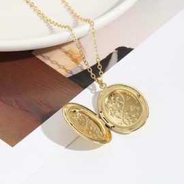 Vintage Engraved Flower Empaistic Photo Locket Hold Picture Oval Round Pendant Necklace Antique Carved Pattern Souvenir Memorial Clavicle Jewelry for Women-gold flower