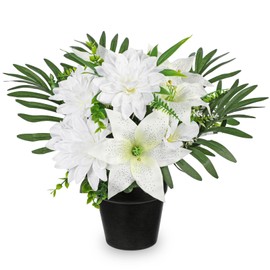 Hollyone Artificial Cemetery Flower for Graves, White Faux Lily Dahlia Flowers in Pot Silk Cemetery Memorial Flowers for Outdoors Gravesites Headstones Home Decoration