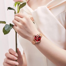 OLEVS Watches for Women Big Face Red Quartz Dress Watches for Women Luxury Diamond Heart Waterproof Womens Watch Fashion Rose Gold Mesh Strap Arabic Numerals Luminous Ladies Watches