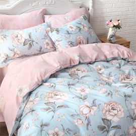 FADFAY Shabby Pink Blue Floral Bedding Sets Cotton Duvet Cover Set 4-Piece Queen Size