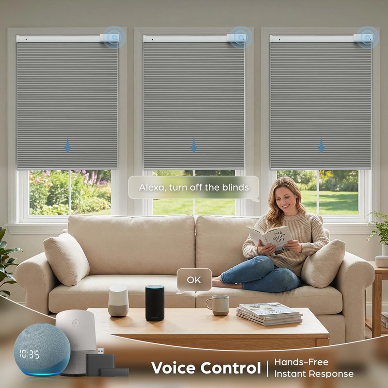 No Drill Motorized Cellular Shades with Remote, Grey 35" W