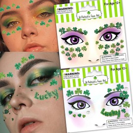 St. Patrick's Day Face Stickers Eye Body Face Gems Temporary Tattoo Sticker Green Shamrock Body Tattoos Party Parade Makeup Supplies-2 Pack