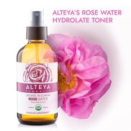 Alteya Organics Rose Water USDA Certified Organic Facial Toner, 2 Fl Oz/60mL Pure Bulgarian Rosa Damascena Flower Water, Award-Winning Moisturizer Amber Glass Spray Bottle